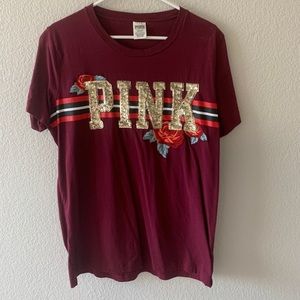 PINK Bling Tee with Embroidered Roses
